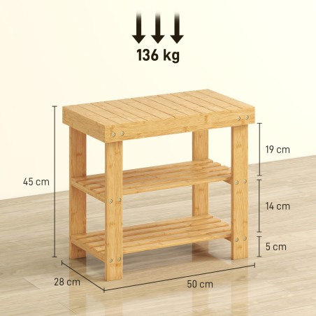Bambusest kingapink kahe riiuli ja istmega, 50 × 28 × 45 cm