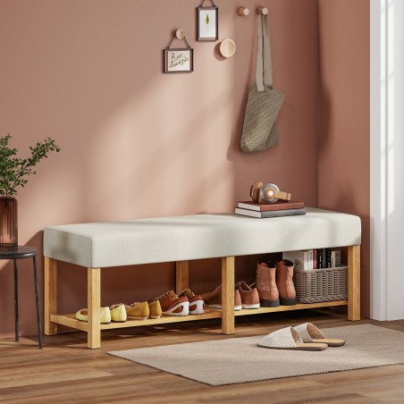 140 cm täispuidust kingapink polsterdatud istmega, naturaalne ja kreemvalge