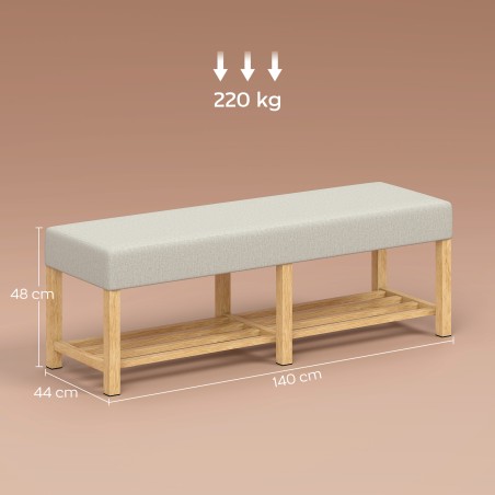 140 cm täispuidust kingapink polsterdatud istmega, naturaalne ja kreemvalge