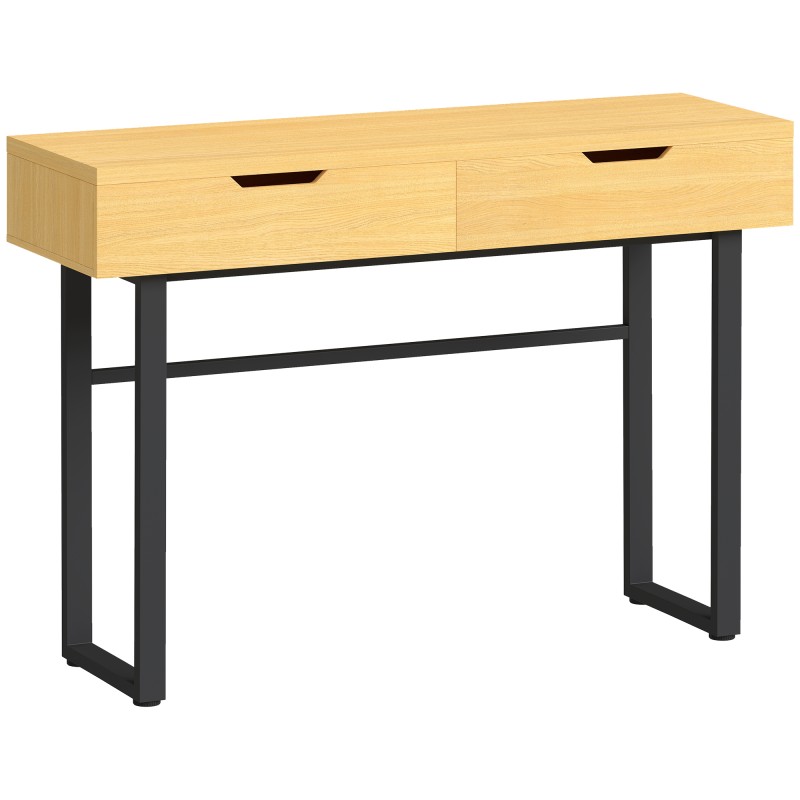 Naturaalne kitsas konsoollaud 2 sahtli ja metallraamiga, 110 × 35 × 76,5 cm