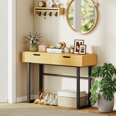 Naturaalne kitsas konsoollaud 2 sahtli ja metallraamiga, 110 × 35 × 76,5 cm
