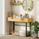 Naturaalne kitsas konsoollaud 2 sahtli ja metallraamiga, 110 × 35 × 76,5 cm