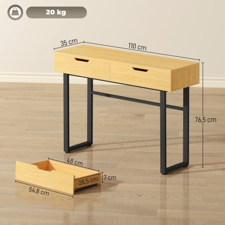 Naturaalne kitsas konsoollaud 2 sahtli ja metallraamiga, 110 × 35 × 76,5 cm