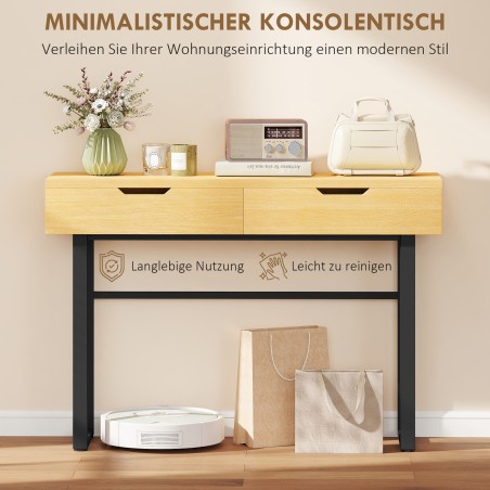 Naturaalne kitsas konsoollaud 2 sahtli ja metallraamiga, 110 × 35 × 76,5 cm