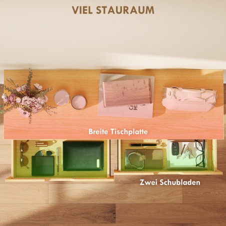 Naturaalne kitsas konsoollaud 2 sahtli ja metallraamiga, 110 × 35 × 76,5 cm