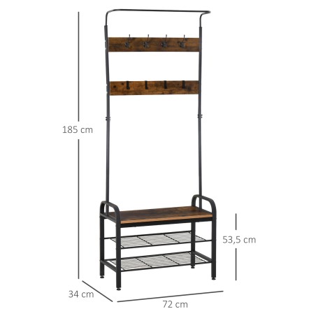 Riidenagi kingariiuli ja 8 konksuga, 2 riiulit, must, 72 × 34 × 185 cm