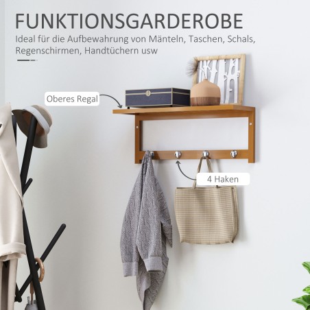 Seinale paigaldatav naturaalpuidust riidenagi konksudega, 50 × 16 × 17,5 cm, kandevõime 5 kg