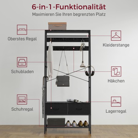 Tööstusstiilis riidenagi kingariiuli, 2 sahtli ja 8 konksuga, must