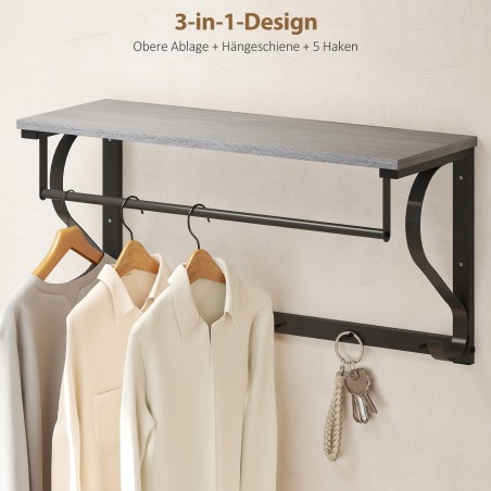 Hall seinale kinnitatav riidenagi 5 konksu ja riiuliga