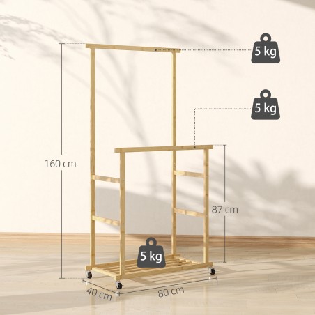 Bambusest ratastel riidenagi riidepuu ja kingariiuliga, 80 × 40 × 160 cm