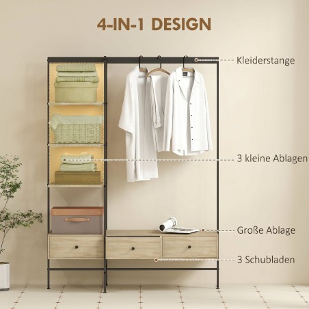 180 cm garderoobistange riiulite, sahtlite ja riidepuuga, tamm