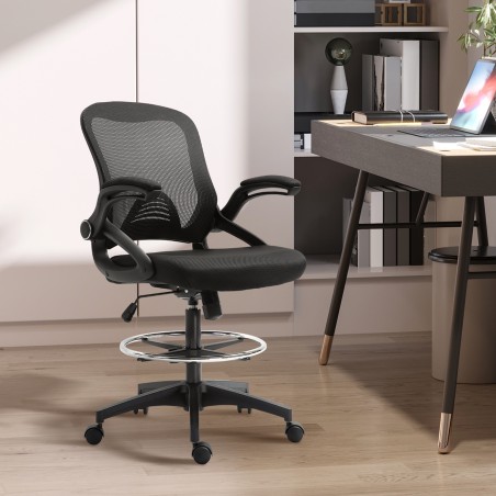 Pööratav kontoritool seisufunktsiooni ja jalatoega, must, 64 × 60 × 106–126 cm