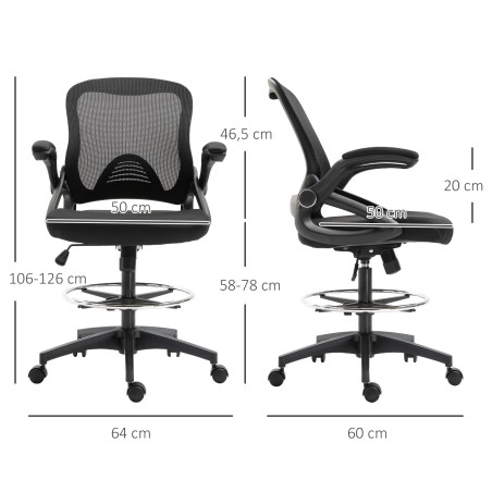 Pööratav kontoritool seisufunktsiooni ja jalatoega, must, 64 × 60 × 106–126 cm