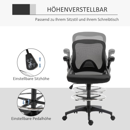 Pööratav kontoritool seisufunktsiooni ja jalatoega, must, 64 × 60 × 106–126 cm
