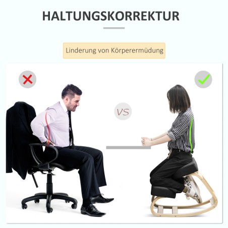 Ergonoomiline põlvetool polsterdatud istme ja kasepuidust raamiga, must