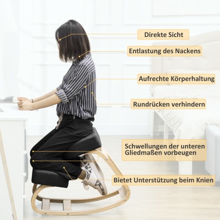 Ergonoomiline põlvetool polsterdatud istme ja kasepuidust raamiga, must