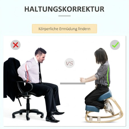 Ergonoomiline põlvetool polsterdatud istme ja kasepuidust raamiga, sinine