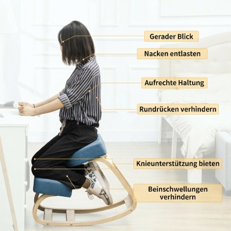 Ergonoomiline põlvetool polsterdatud istme ja kasepuidust raamiga, sinine