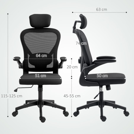 Ergonoomiline kontoritool kokkuklapitavate käetugede ja reguleeritava nimmetoega, must