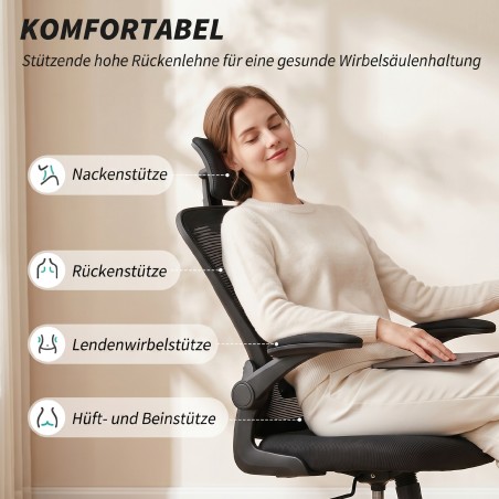 Ergonoomiline kontoritool kokkuklapitavate käetugede ja reguleeritava nimmetoega, must
