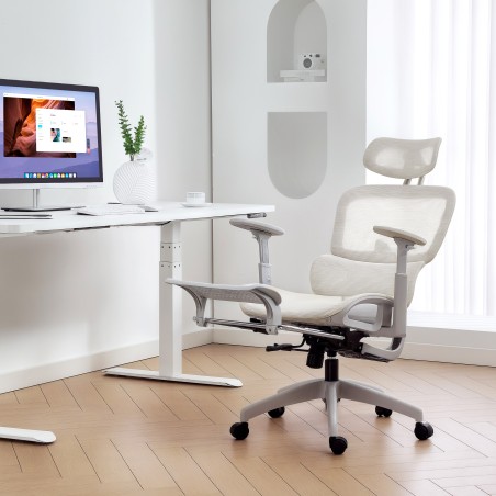 Ergonoomiline ratastel kontoritool võrkriide, käetugede ja peatoega, beež