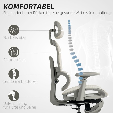 Ergonoomiline ratastel kontoritool võrkriide, käetugede ja peatoega, beež