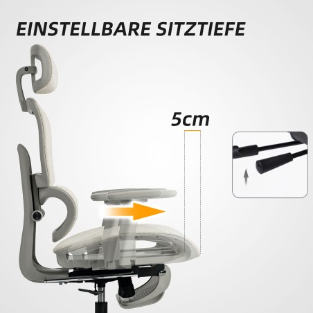 Ergonoomiline ratastel kontoritool võrkriide, käetugede ja peatoega, beež