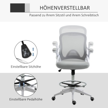 Pööratav kontoritool seisufunktsiooni ja jalatoega, must, 64 × 60 × 106–126 cm