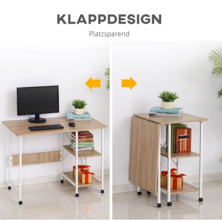 Kokkupandav ratastega arvutilaud MDF-ist, naturaalne, 107 × 55 × 76 cm