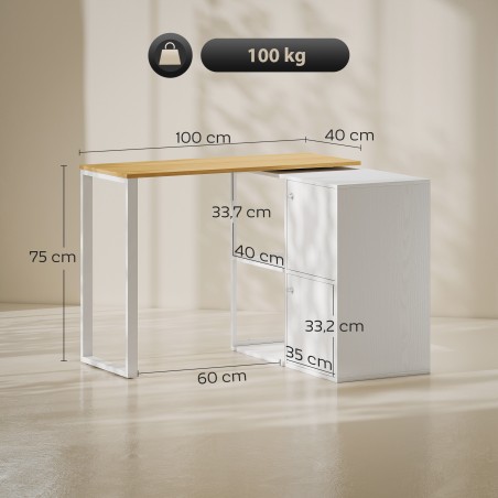 L-kujuline pööratav arvutilaud 2 hoiukapi ja 2 avatud riiuliga, 150 × 40 × 75 cm, valge