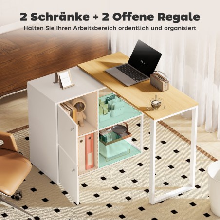 L-kujuline pööratav arvutilaud 2 hoiukapi ja 2 avatud riiuliga, 150 × 40 × 75 cm, valge