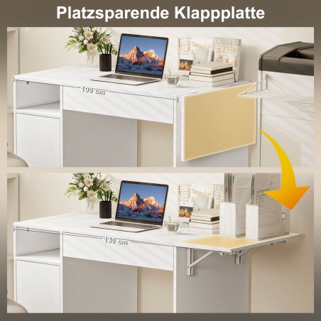 Valge ratastel arvutilaud kokkupandava lauaplaadi, kapi ja sahtliga