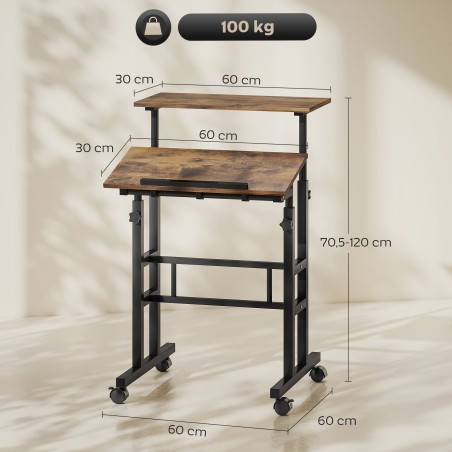 Rustikaalne pruun ratastega reguleeritava kõrgusega kirjutuslaud, 60 × 60 × 70,5–120 cm