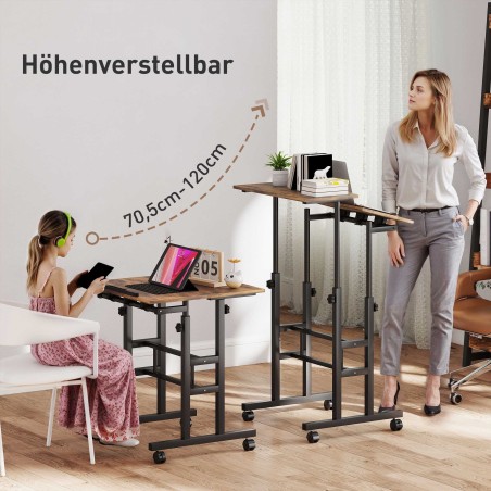 Rustikaalne pruun ratastega reguleeritava kõrgusega kirjutuslaud, 60 × 60 × 70,5–120 cm