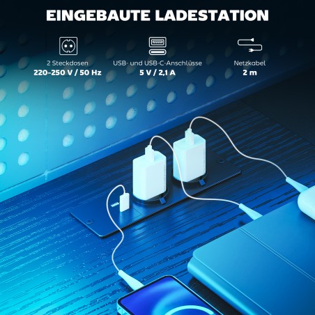 L-kujuline mängulaud LED-valgustuse, pistikupesade ja monitorialusega
