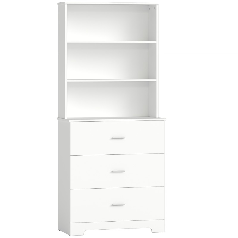 Valge kõrge vitriinkapp 3 sahtli ja 3 avatud riiuliga, 79 × 39,5 × 180 cm