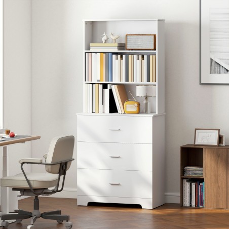 Valge kõrge vitriinkapp 3 sahtli ja 3 avatud riiuliga, 79 × 39,5 × 180 cm