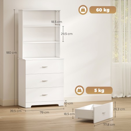 Valge kõrge vitriinkapp 3 sahtli ja 3 avatud riiuliga, 79 × 39,5 × 180 cm