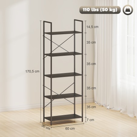 Tööstuslik raamaturiiul 5 riiuliga, metallraam, 60 × 30 × 170,5 cm, must