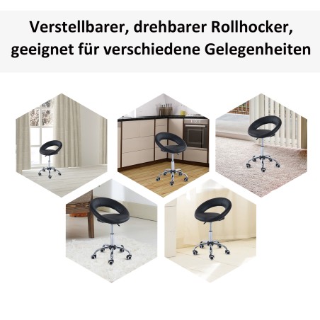 Reguleeritava kõrgusega pöörlev rulltaburet, PU ja metall, must, 50 × 54 × 66–78 cm