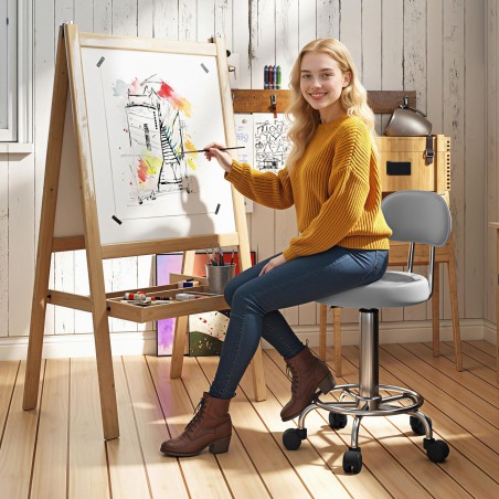 Pööratav ja reguleeritav kunstnahast taburet seljatoe ja jalatoega, hall