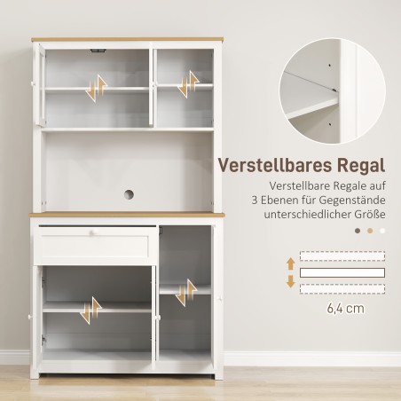 Maalähedases stiilis köögikapp vitriini, avatud riiuli, sahtli ja 2 kapiga, valge ja naturaalne