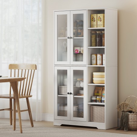 Valge MDF-köögikapp klaasuste ja avatud riiulitega, 172 cm