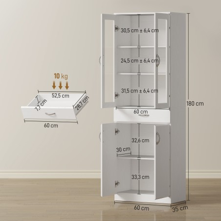 Valge köögikapp klaasukse, reguleeritava riiuli ja sahtliga, 60 × 35 × 180 cm