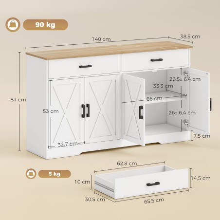 Puhvetkapp 2 sahtli ja 2 kapiga, 140 cm, valge