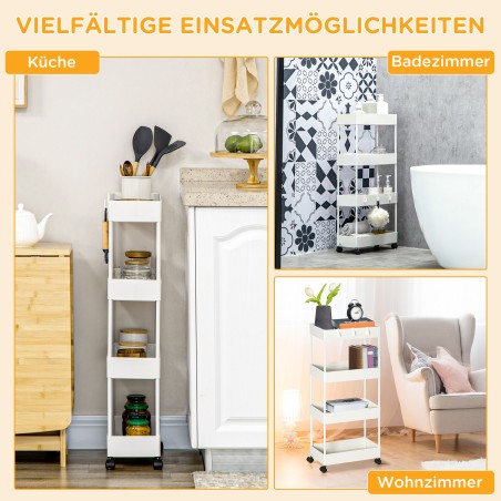 Köögikäru 4 riiuli, konksu ja rattaga, 40 × 19 × 90 cm, valge