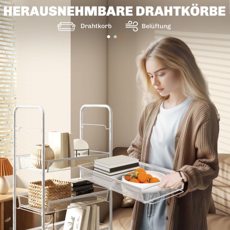 Köögikäru 5 traatkorvi, 4 konksu ja 4 rattaga, valge