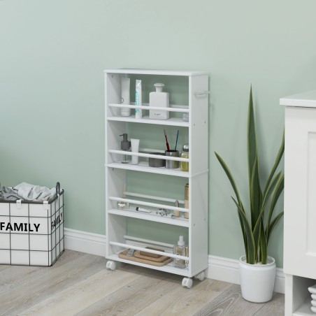 Valge ratastega kitsas riiul 4 riiulitasandiga, 45 × 15 × 91 cm