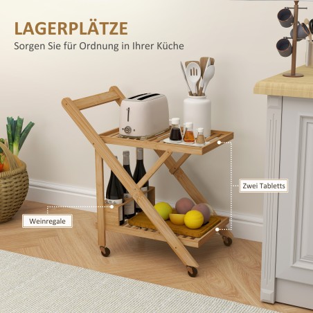 Helepruun bambusest köögi- ja serveerimiskäru 3 veiniresti ning 2 kandikuga