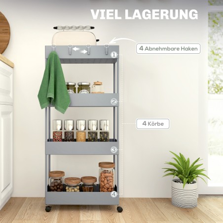 Hall nišiköögikäru 4 riiuli, 4 konksu ja 4 rattaga, 40 × 19 × 90 cm